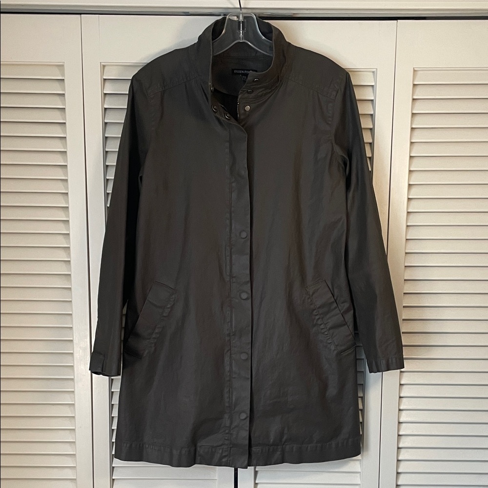 Eileen Fisher Resin Coated cotton Lightweight Trench Coat olive green Sz XS